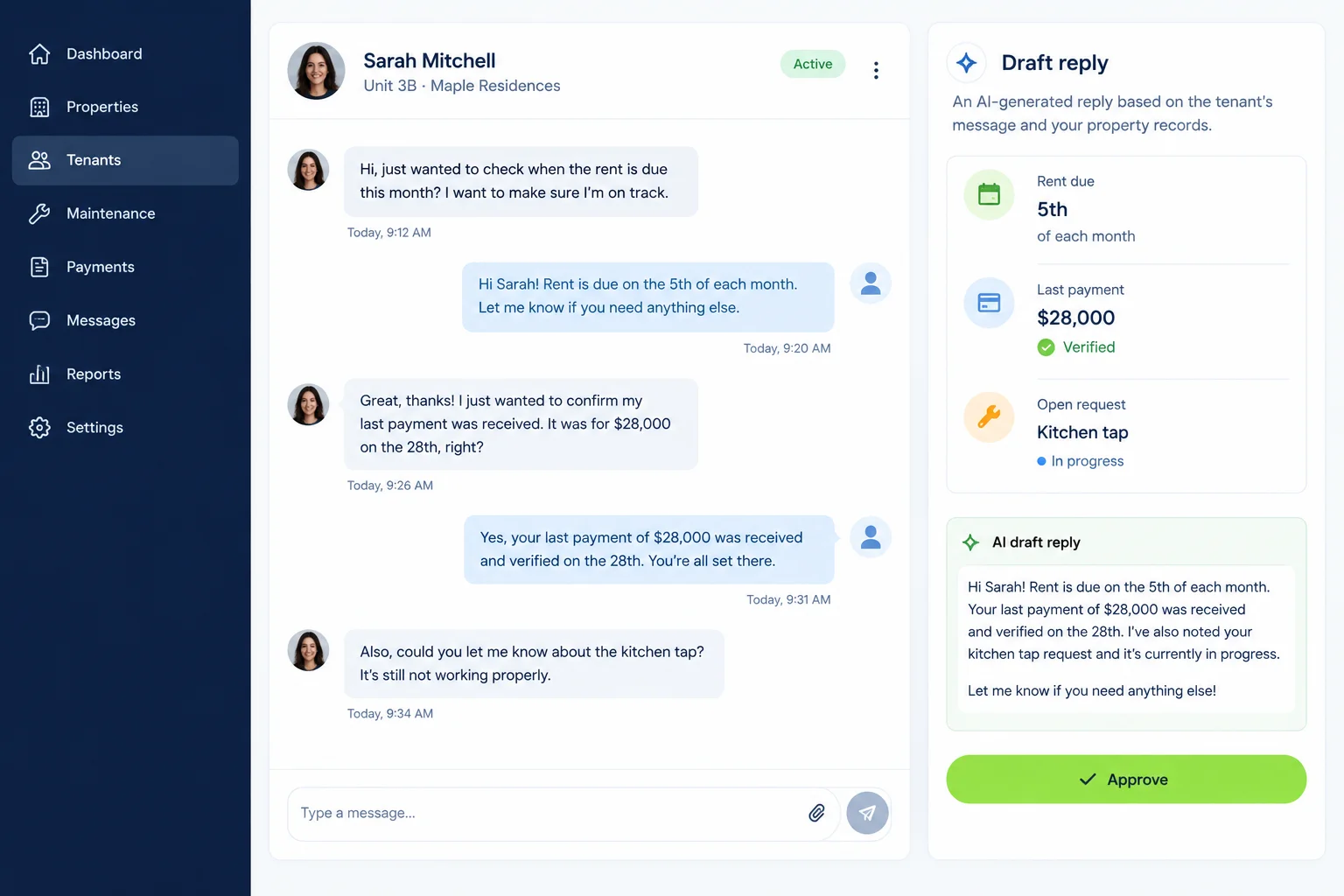 Draft reply panel showing rent due, last payment and an open repair request