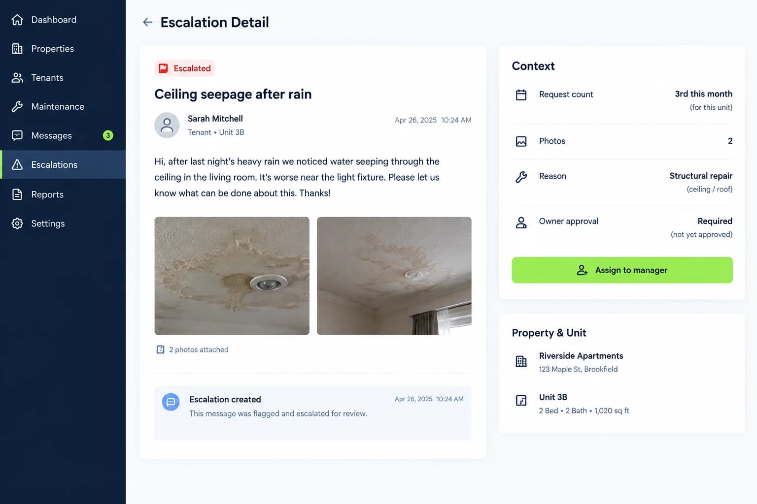 Escalation view with a flagged tenant message about ceiling seepage and owner approval