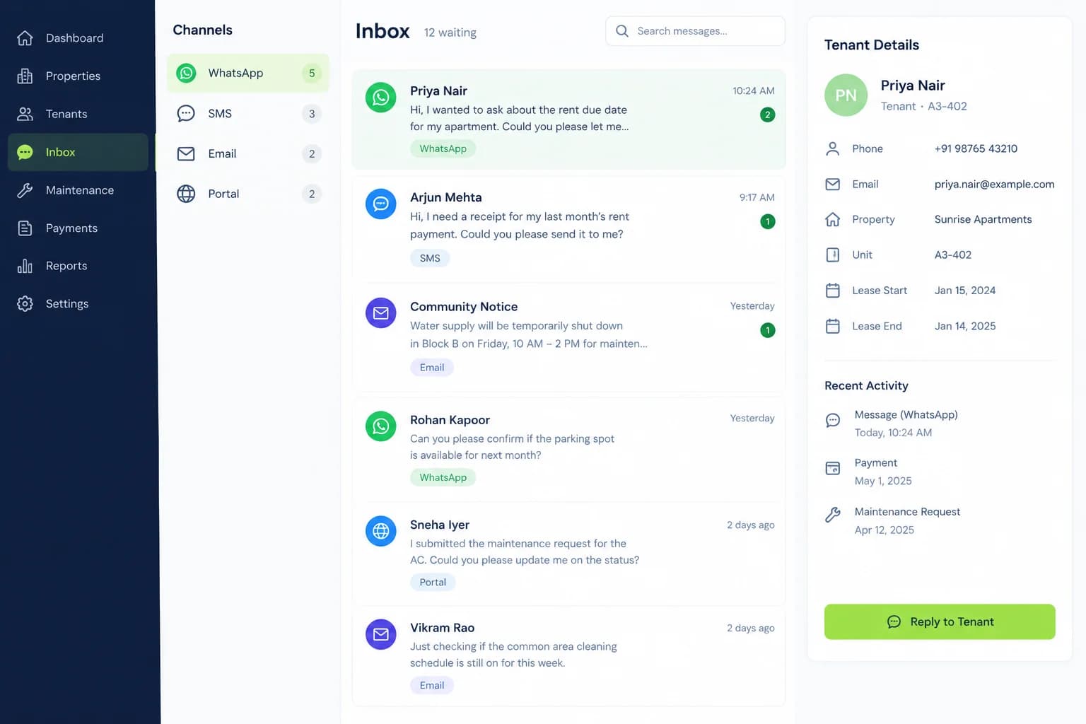 Unified tenant inbox with WhatsApp, SMS, email and portal channels and a waiting message list