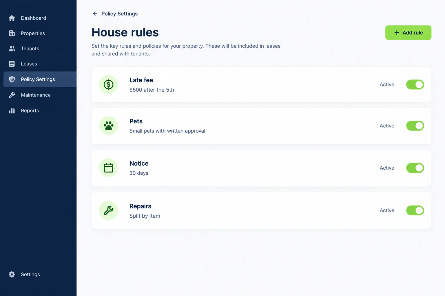 House rules settings with late fee, pet, notice and repair policies