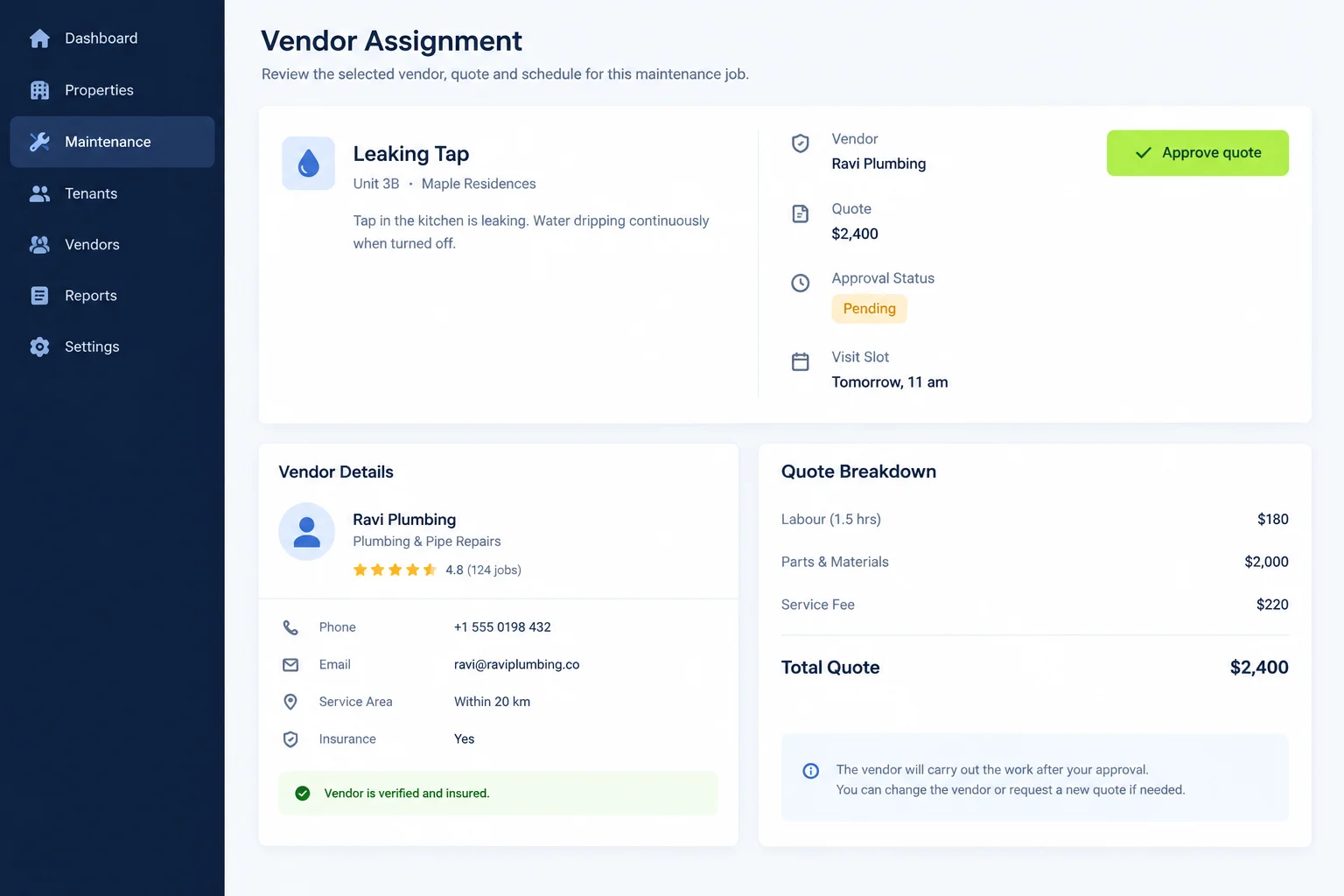 Vendor assignment panel showing Ravi Plumbing, a 2,400 rupee quote and a pending approval