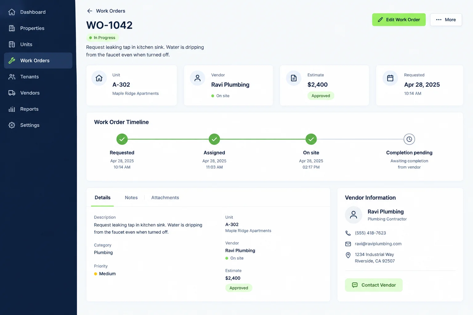 Work order WO-1042 showing the leaking tap request, assigned vendor and approval status